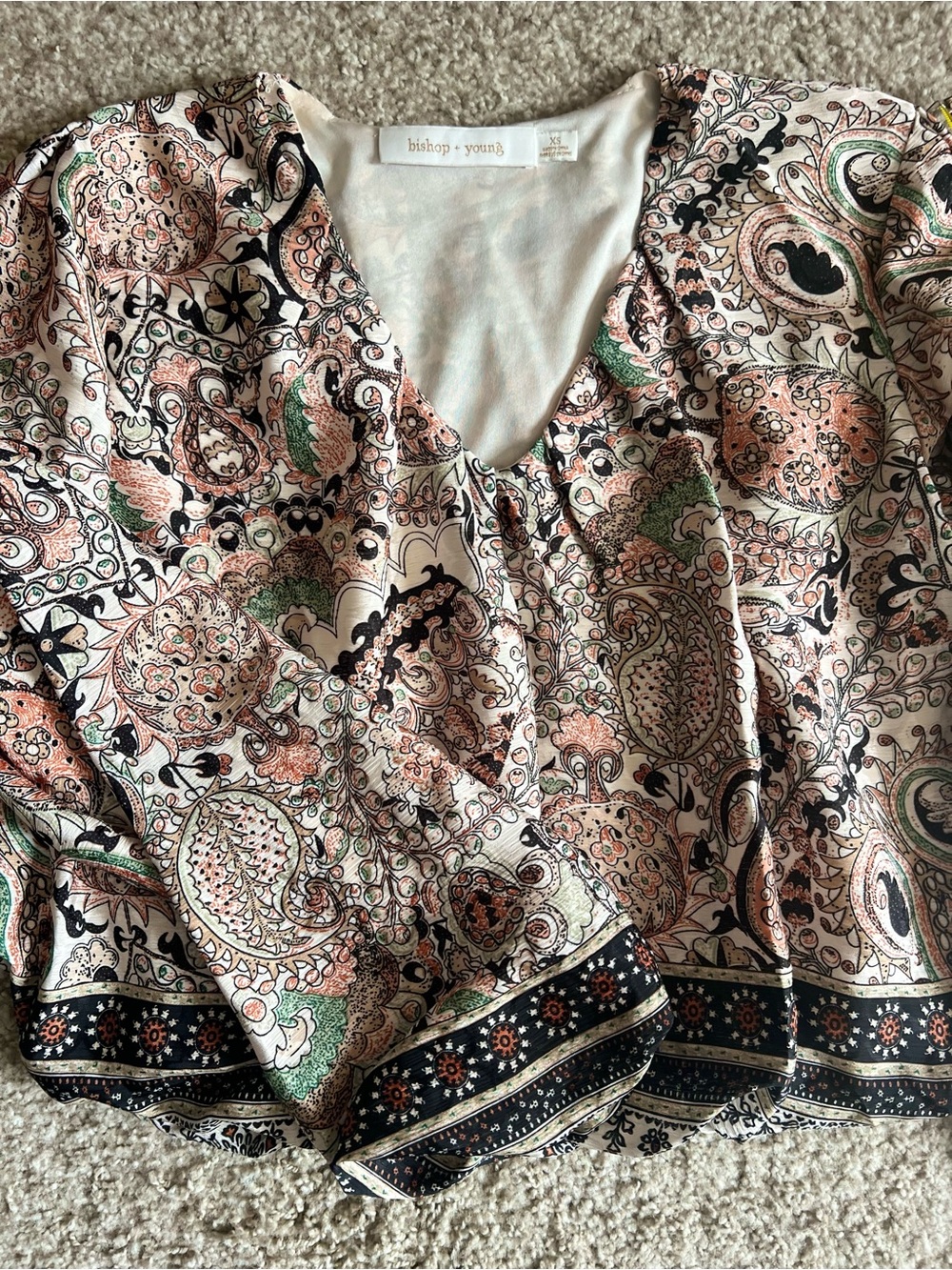 bishop + young Paisley V-Neck Blouse in Blush, Black & Green